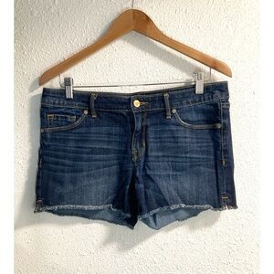 Mossino mid rise dark wash raw edge shorts, 8/29